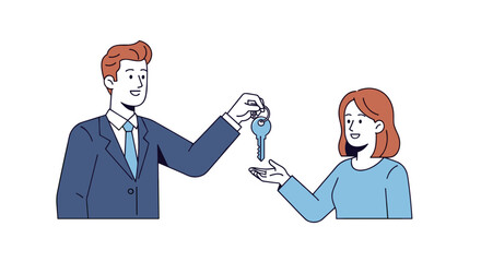 Man handing keys to woman illustration.