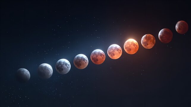 Sequence of lunar eclipse phases across dark night sky