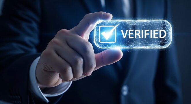 Businessman verifying identity with glowing verified badge