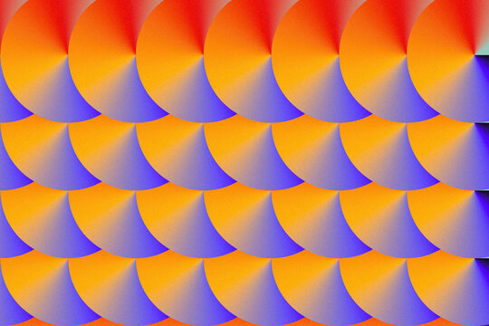 A vibrant abstract pattern featuring repeating semi-circular geometric shapes arranged in a seamless, overlapping scale-like formation. The design is saturated with rich, grainy gradients of sunset 
