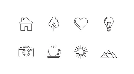 Fototapeta premium Minimalist Line Icons: Home, Tree, Heart, Lightbulb, Camera, Coffee, Sun, Mountains