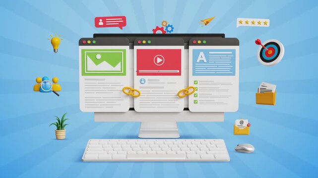 SEO Link Building Strategy Concept. Website Leading Links, Content Backlinks, Organic Traffic Growth, Outreach Campaigns, Digital Visibility Tactics. Computer with Web Pages Linked Together. 3D Video