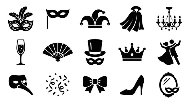 Masquerade Ball and Carnival Party Black Icon Set