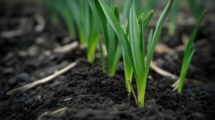 Vibrant green sprouts vigorously pushing through dark, rich soil in a garden, showing new growth and the beginning of a fresh cycle.