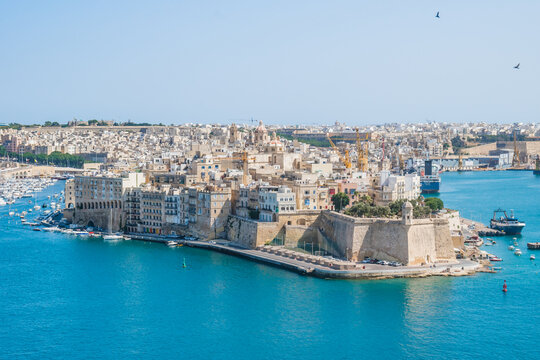 Aerial view to Senglea its architecture and walls of the Gardjola Gardens and bastion, Valletta MALTA