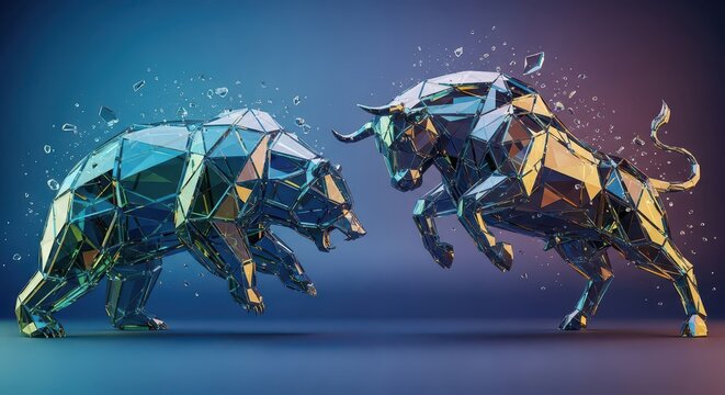 Polygonal glass sculpture representations of opposing market forces confront each other dynamically