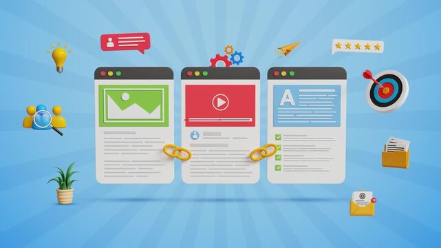 SEO Link Building Strategy Concept. Website Leading Links, Content Backlinks, Organic Traffic Growth, Outreach Campaigns, Digital Visibility Tactics. Web Pages Linked Together. 3D Video
