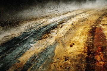 Tire Tracks Carved Into Dusty Earth Reveal the Aftermath of a Rainstorm Generative AI