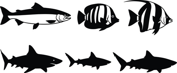 Black fish and shark silhouette vector set featuring tropical reef fish, predatory sharks, and marine life isolated on white background for aquatic nature designs. © IconicCreations