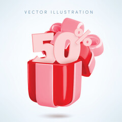 Vector cartoon 3d sale illustration. Cute realistic holiday pink red open festive gift box with 50 percent discount. Minimal 3d render surprise for loyalty app, Valentines, Mothers Day special offer.