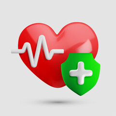 Vector cartoon 3d health protection icon. 3d render of red heart with green shield, medical cross and pulse line. Cardiology first aid sign. Healthcare, hospital, medical insurance symbol for web, app