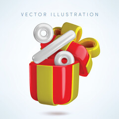 Vector cartoon 3d sale banner. Cute realistic holiday red open gift box with gold bow, percent sign inside. Minimal 3d render surprise for loyalty promotion, Christmas sale, discount, special offer.