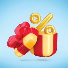 Vector cartoon 3d sale banner. Cute realistic holiday yellow open gift box with red bow, percent sign inside. Minimal 3d render surprise for loyalty promotion, Christmas sale, discount, special offer.