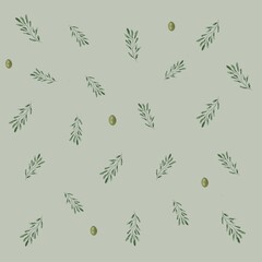 Fototapeta premium Seamless Olive Pattern with Green Leaves and Olives on Light Green Background