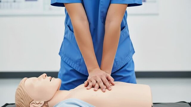 CPR Training with Chest Compressions on Mannequin
