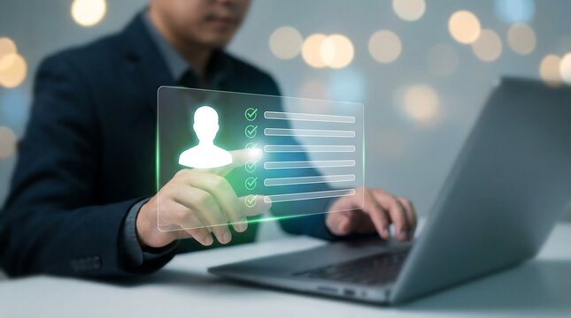A man is thoughtfully interacting with a glowing virtual personal profile and checklist interface displayed over his laptop, suggesting online registration, identity verification, or task management.