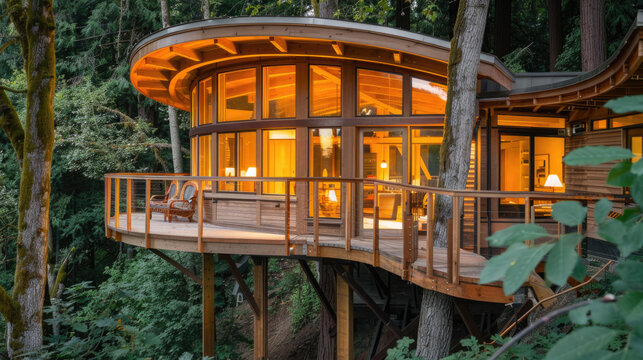 Concept of modern eco treehouse with curved architecture nestled among trees in lush forest setting background