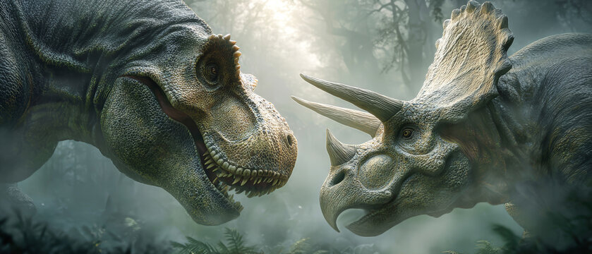In a prehistoric scene, a tyrannosaurus rex lunges at a triceratops amidst towering ancient trees and a blanket of fog, showcasing fierce dynamics in nature