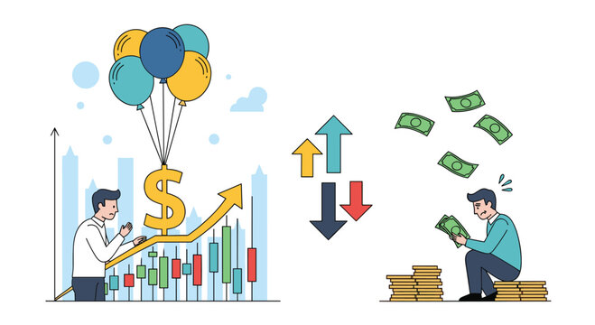 Split illustration compares a successful investor with rising profits and an unsuccessful one losing money amidst market volatility symbols.