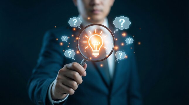 A businessman in a suit holds a magnifying glass that illuminates a bright glowing lightbulb, surrounded by many floating question marks, representing the pursuit of creative solutions and answers.