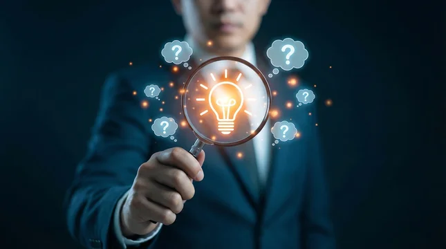 A businessman in a suit holds a magnifying glass that illuminates a bright glowing lightbulb, surrounded by many floating question marks, representing the pursuit of creative solutions and answers.