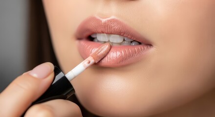 Close up view of a person applying shiny nude lip color with a wand applicator.