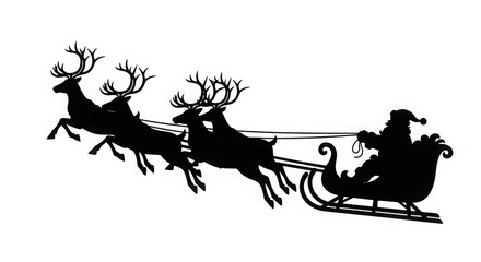 Naklejka premium Silhouette of Santa Claus in his sleigh pulled by reindeer, flying against a white background, embodying the spirit of Christmas.