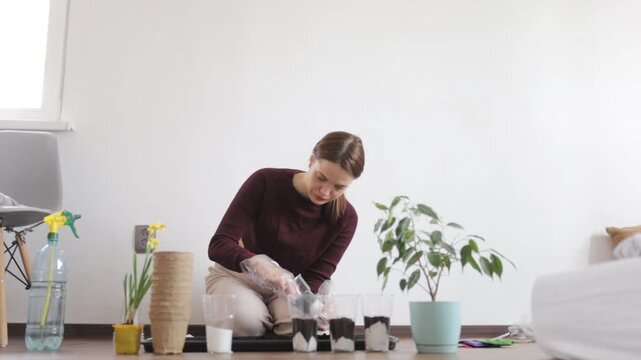 A woman is transplanting flowers into the ground at home