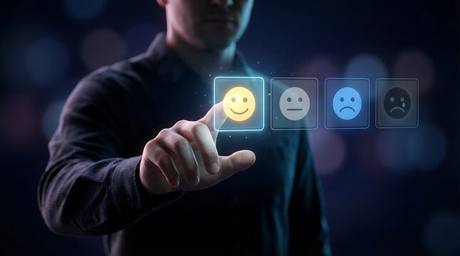 A person in a dark shirt points to a glowing happy face emoji on a holographic interface, signifying positive customer feedback and satisfaction.