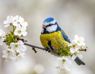 Obraz premium A beautiful small blue tit with colorful yellow feathers perches on a snowy tree branch in the wild winter nature