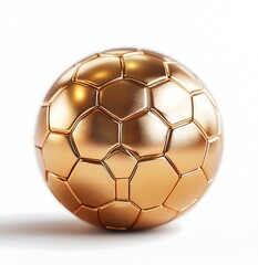 Fototapeta premium A shiny gold soccer ball with a metallic finish is displayed on a plain white background