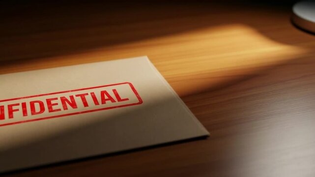 Confidential document sealed with red stamp on wooden desk
