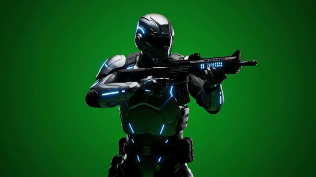 Futuristic Soldier in Armored Suit Holding Firearm Against Green Screen Backdrop