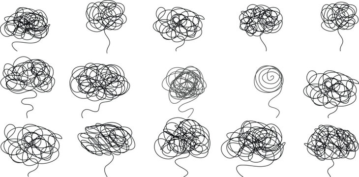 Overthinking Scribble and Tangle Brain Icons Set, Mental Health Anxiety Stress and Confusion Vector Illustration