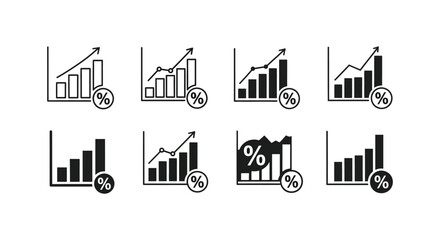 Fototapeta premium Set of eight business growth percentage chart icons illustrating positive statistical progress and financial success