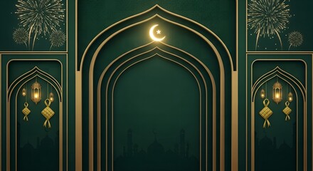 A dark green background with gold Islamic archway and crescent moon decoration for eid al-fitr or ramadan celebration with mubarak text