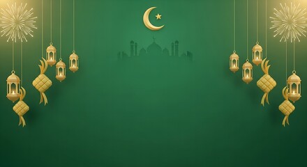 Eid Mubarak greeting card with golden lanterns and crescent moon on a green background for Ramadan or Eid al-Fitr celebrations