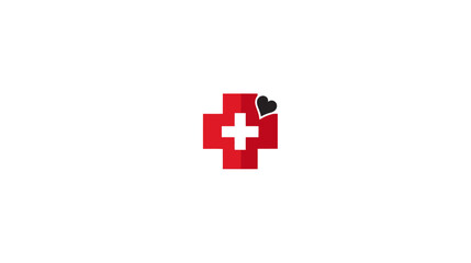 Obraz premium A red cross symbol with a white cross inside, and a black heart in upper right corner, on white background