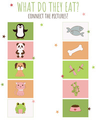 Fototapeta premium Children's task, educational game for children, who eats what, animals and food
