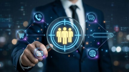 A focused businessman in a suit holds a magnifying glass with a blue target illuminating abstract people icons, surrounded by diverse communication and digital business service symbols.