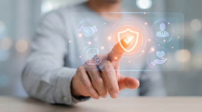 A man's finger touches a glowing shield icon with a checkmark, surrounded by protection and service symbols, representing comprehensive security.