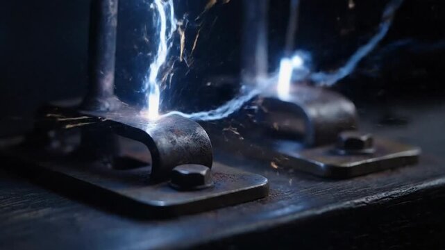 Extreme Close Up of Vintage Electric Chair Electrode Contacts Sparking with Electricity