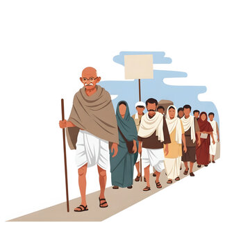 Gandhi leads followers on the historic Dandi March Salt March protest march along a dusty road