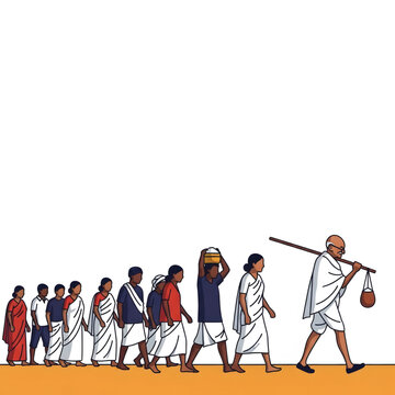 Gandhi leads the historic Dandi March and Salt March procession on foot with determined protesters marching together