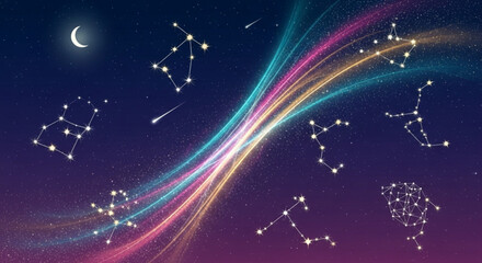 Obraz premium Vibrant streaks of light illuminate constellations in a starry night sky with crescent moon