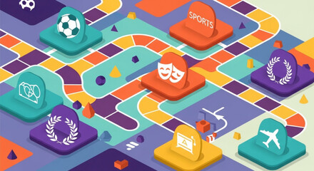 Colorful game board with various icons and paths for hobbies and leisure activities online