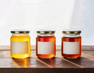 Three glass honey jars with blank labels on wooden table with sunlight shadows