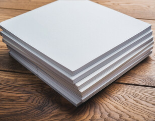 Stack of blank white catalogs mockup on wooden office desk surface