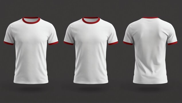Blank ringer tee mockup in front, side, and back views isolated on grey background. 3d rendering, 3d illustration 