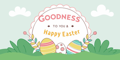Fototapeta premium Gemini saidHappy Easter greeting card design featuring a colorful spring floral illustration with eggs and green grass on a nature themed vector pattern for a festive holiday celebration